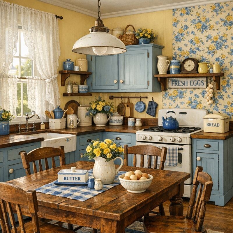 А это одна из идей дизайна будущей кухни)) Сочетание голубого, желтого цыплячего цвета и дерева- мой восторг. Хочу так.