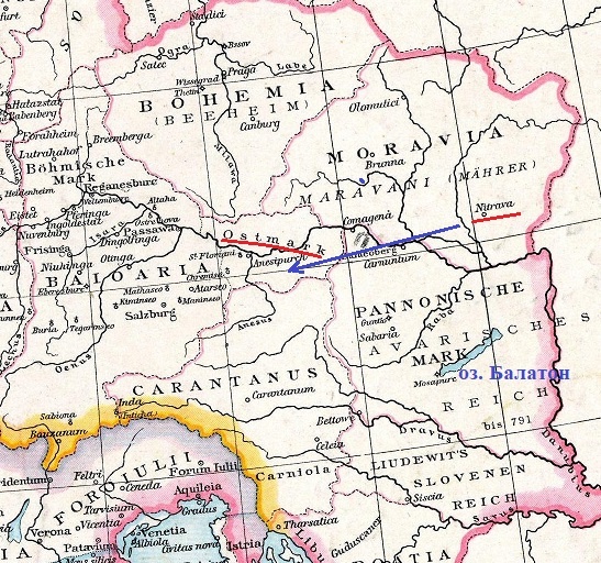 На карте показана Восточная марка (марш) и Нитрава (Нитра) Синяя стрелка показывает путь первоначального бегства Прибины.