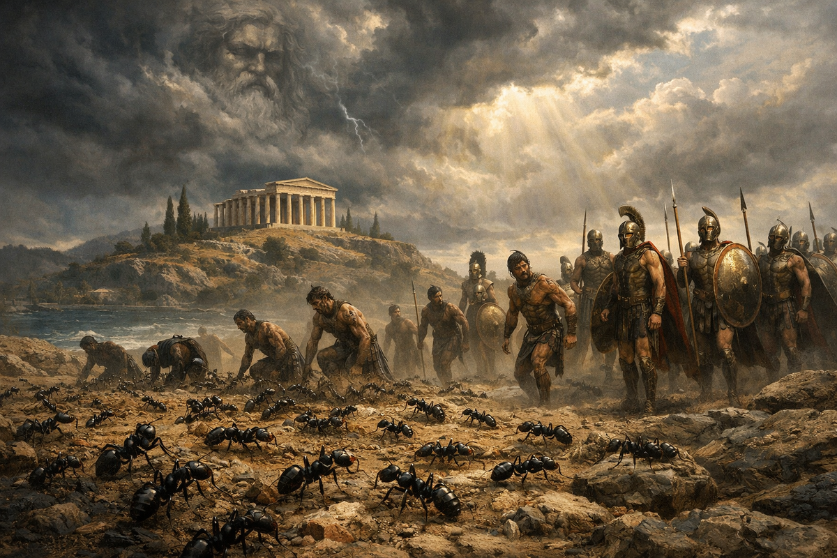Древнегреческий остров Эгина. На земле множество муравьёв, которые постепенно превращаются в людей-воинов.
