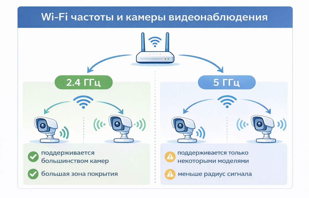 Многие камеры видеонаблюдения работают только с Wi-Fi 2.4 GHz, поэтому сеть 5 GHz они могут не видеть.