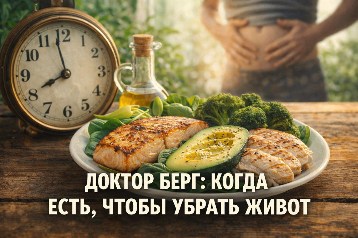 Тарелка с полезной едой и часы, показывающие 11:30. Символ правильного времени для приёма пищи по методу доктора Берга.