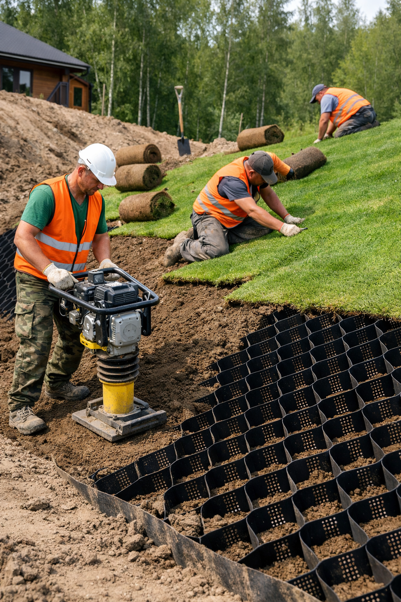 Укрепление георешёткой + рулонный газон = холм, который не «плывёт» даже после сильных дождей