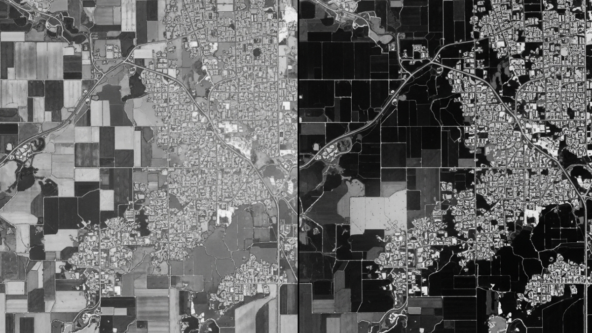 Фрагмент спутникового снимка одной и той же местности в разных спектрах: слева — видимый диапазон (узнаваемые дороги, поля, постройки), справа — инфракрасный (контрастные зоны разной интенсивности, подчёркивающие растительность и влажность).