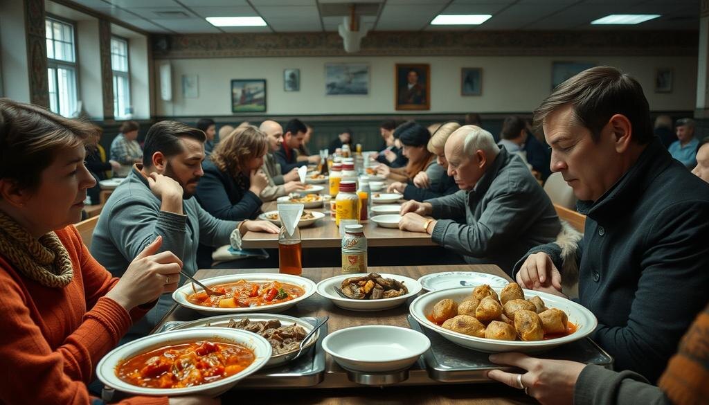    Ностальгическая сцена советской столовой, где люди наслаждаются простой, сытной едой, такой как борщ и котлеты.