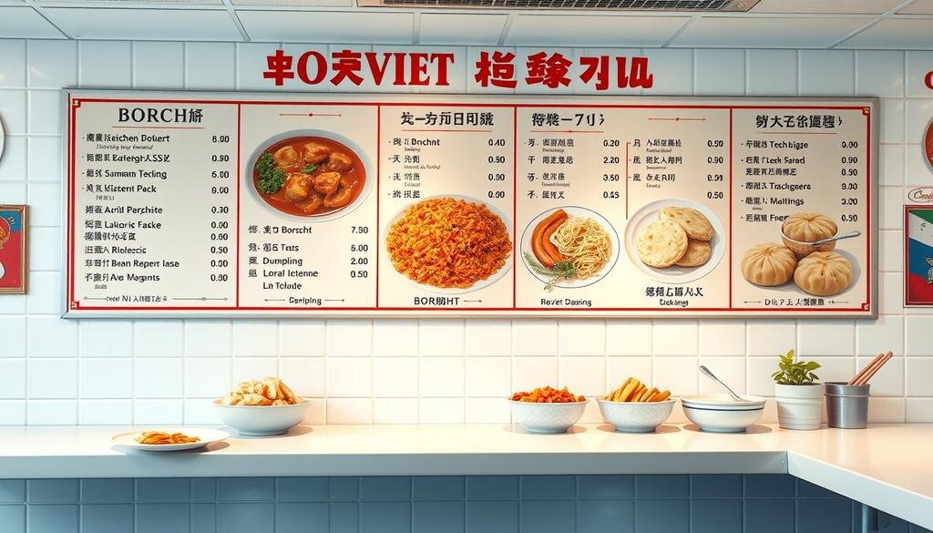    Илюстрация меню советской столовой с традиционными блюдами, такими как борщ, плов и манты.