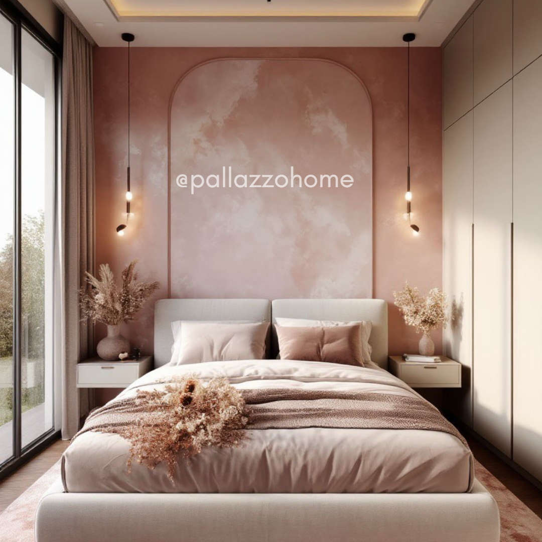 Пастельная акцентная стена с аркой в изголовье кровати. Мягкие розовые оттенки создают уютную атмосферу, а архитектурная форма делает дизайн стены в спальне выразительным и современным. Арки — один из самых популярных трендов в интерьере последних лет.