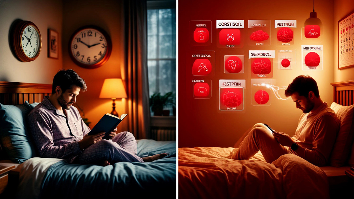 Полчаса разницы — недели последствий. Слева — забота и восстановление, справа — гормональный хаос и лишний вес. Часы показывают не просто время, а ваш выбор.