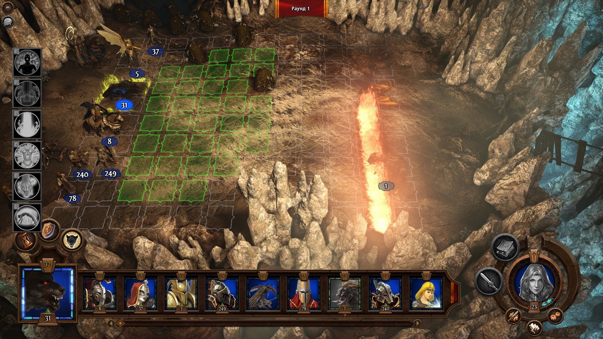 Мы дали огненную стенку в чудищ. Но как они себя после этого поведут? Кстати, запомните эту панель слева — мы к ней ещё вернёмся. Скриншот из игры.