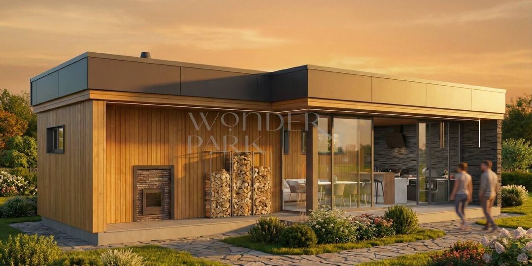 Современная баня с зоной отдыха и барбекю