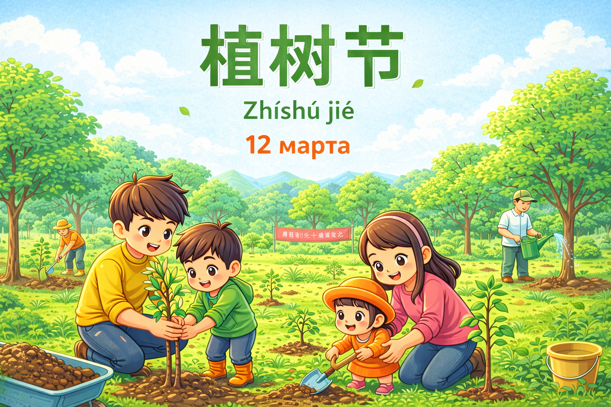 Иллюстрация китайского праздника 植树节 (Zhíshù jié) — Дня посадки деревьев, когда люди по всей стране выходят сажать новые деревья.