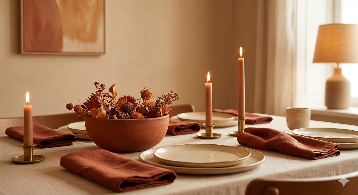 Теплые терракотовые, приглушенно-оранжевые и охристые тона создают невероятно уютную атмосферу для общения. Мы видим льняные салфетки и керамическую посуду ручной работы, подчеркивающие «общение и уют»