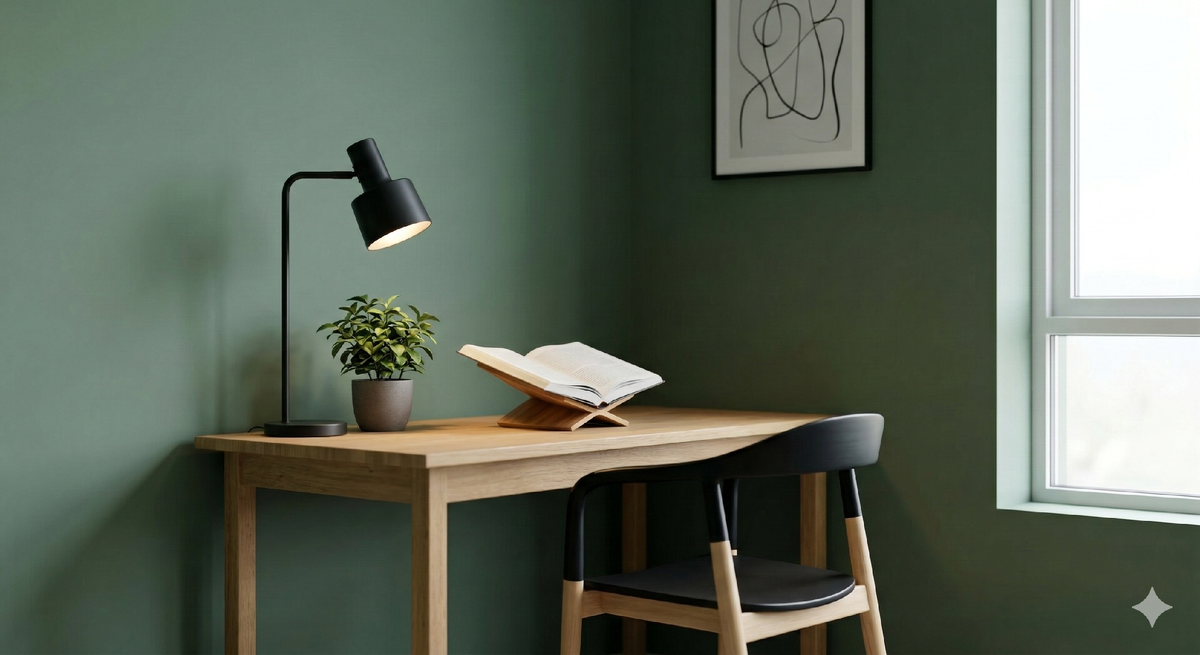 Стены выкрашены в мягкий, успокаивающий шалфейно-зеленый цвет. Простая настольная лампа, растение и открытая книга подчеркивают «концентрацию и спокойствие»