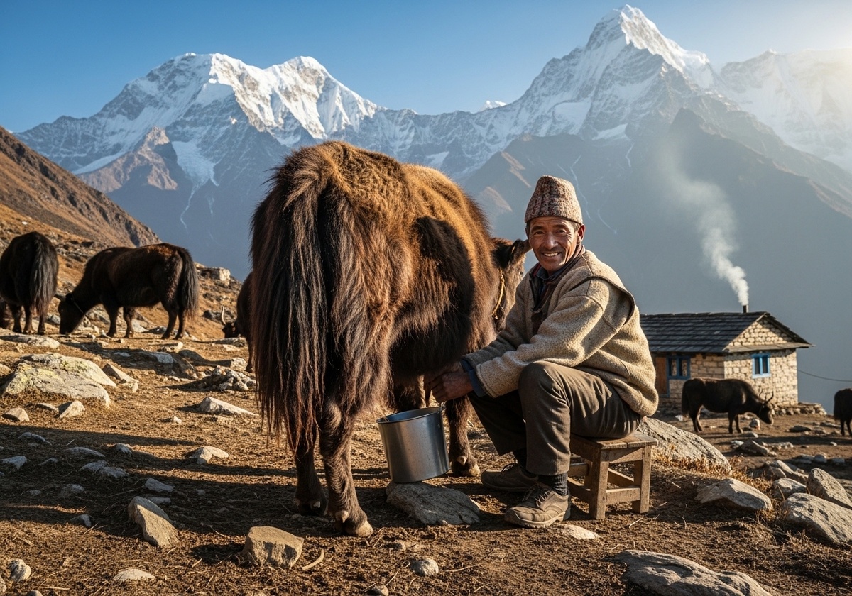 Дойка яков в Непале
