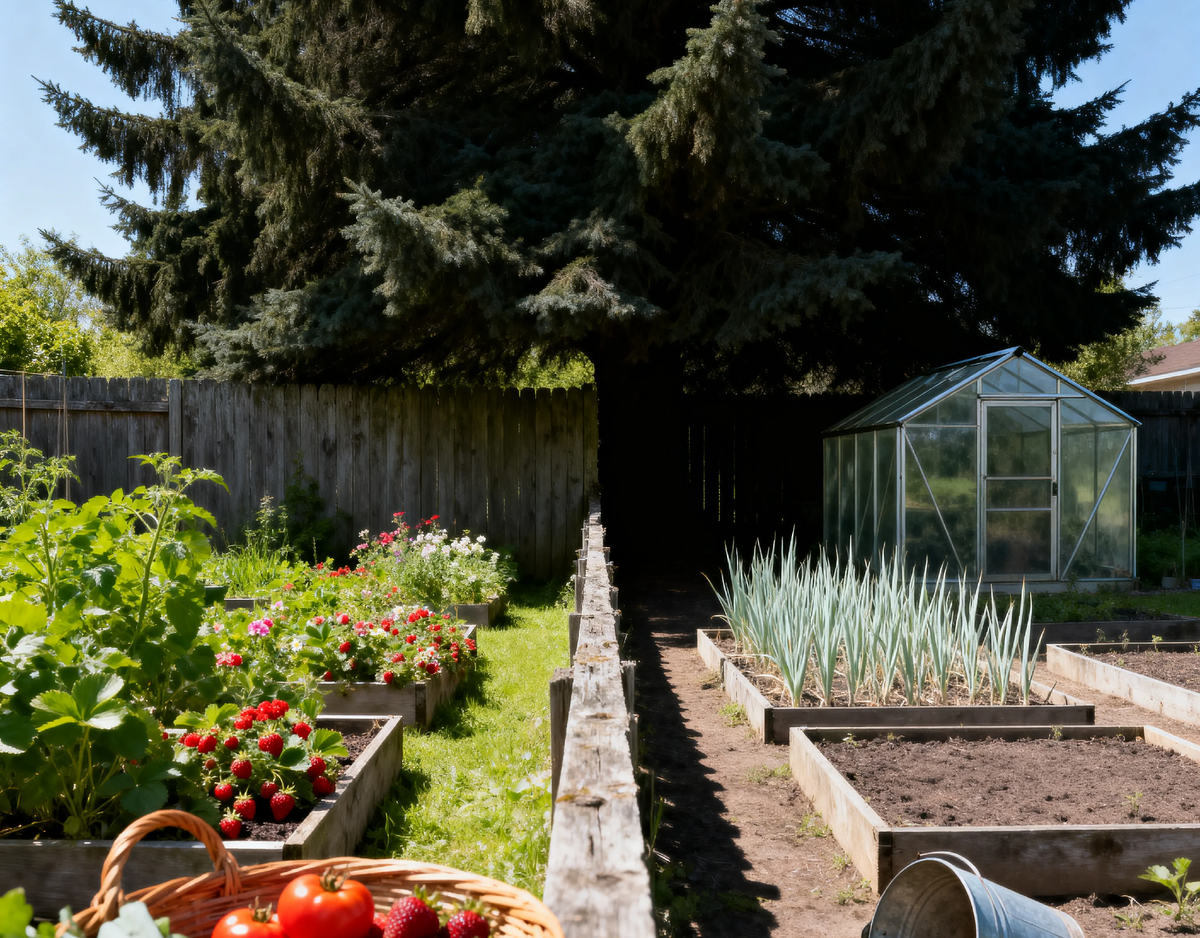 Когда соседская ель выше вашей дружбы — урожай остаётся в тени, а обиды растут быстрее деревьев 🌲☀️