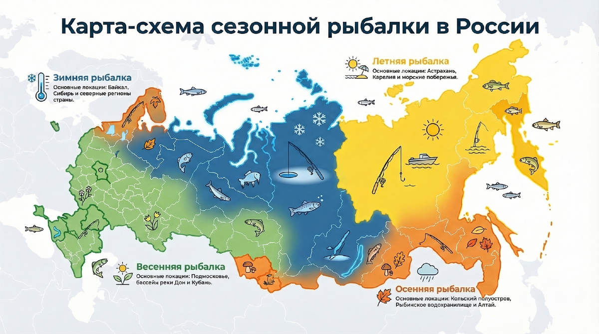 Карта-схема сезонной рыбалки в России