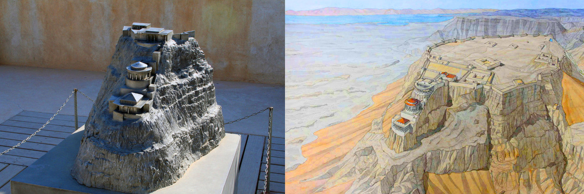 Реконструкция крепости - дворца Масада в Иудее. Сооружение построено царём Иродом Великим в труднопроходимой скалистой местности