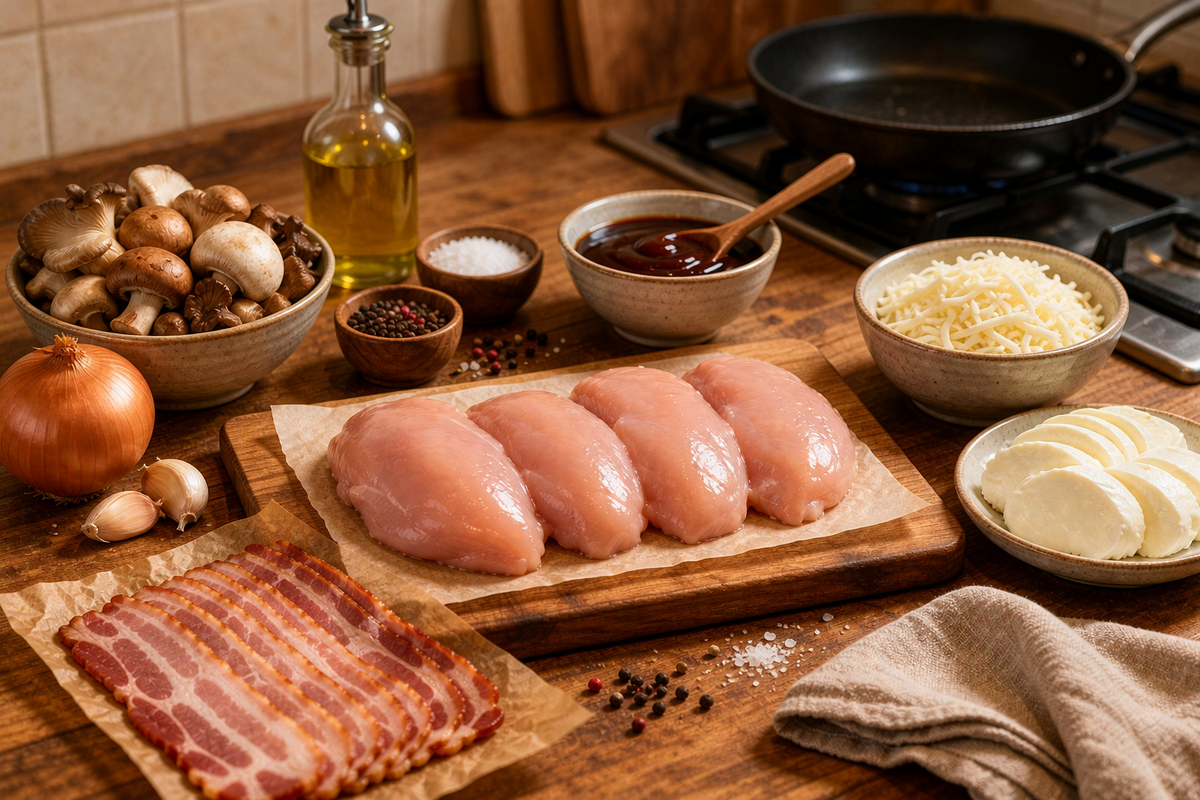 Куриный рулет в беконе с грибной начинкой