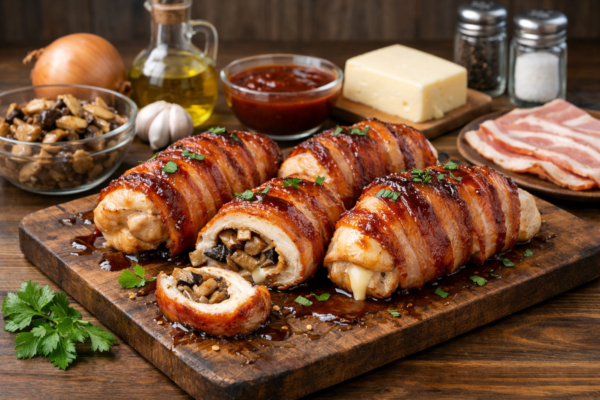 Куриный рулет в беконе с грибной начинкой