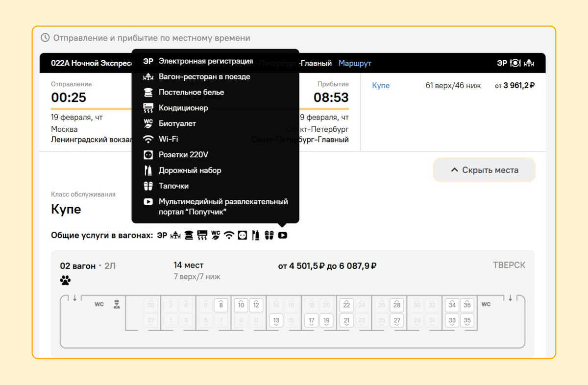 Фильтры позволяют отсортировать тип поезда и вагона, цену, время отправления и прибытия.