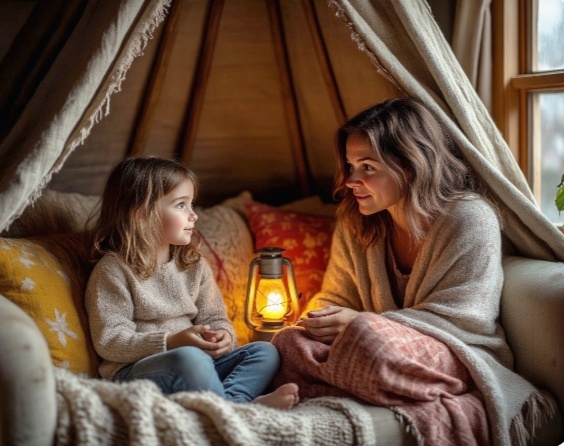 Самодельный шалаш из пледа и одеяла излюбленое место дочи