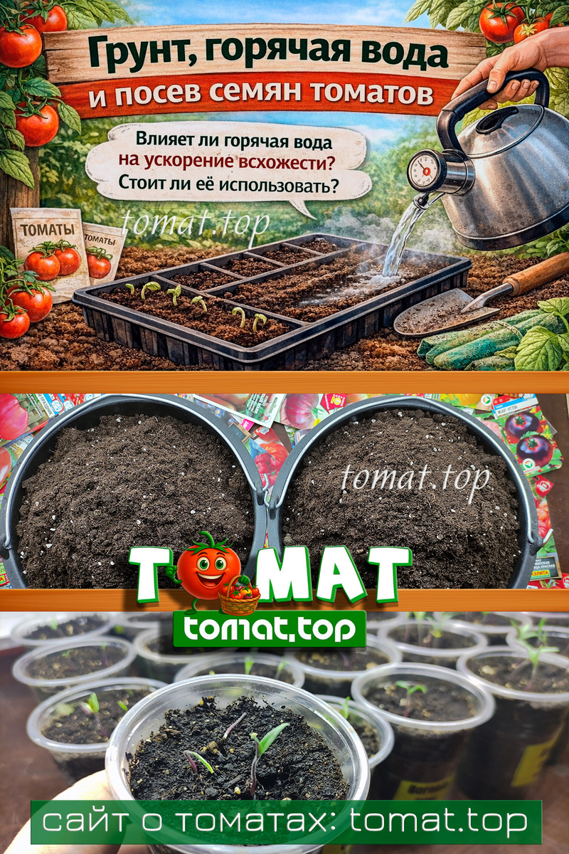 Грунт, горячая вода и посев семян томатов