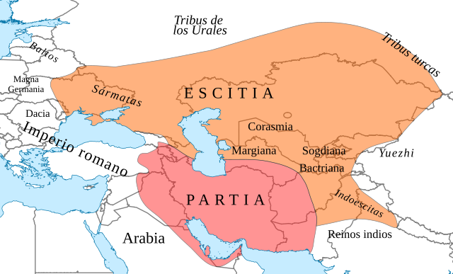 Историческое распространение иранских народов/языков: Скифия, Сарматия, Бактрия и Парфянская империя примерно в 170 г. до н.э. (очевидно, до вторжения юэчжи в Бактрию). Фото из свободных источников в Интернете.