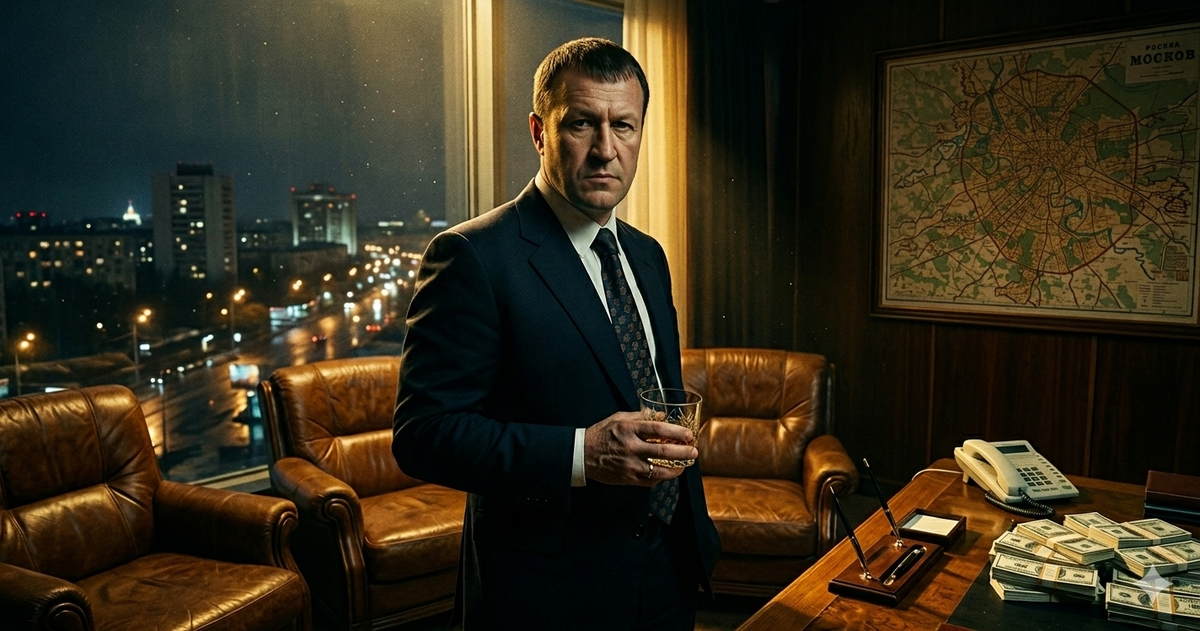 Криминальный авторитет в окне с видом на ночную Москву — образ власти 90-х