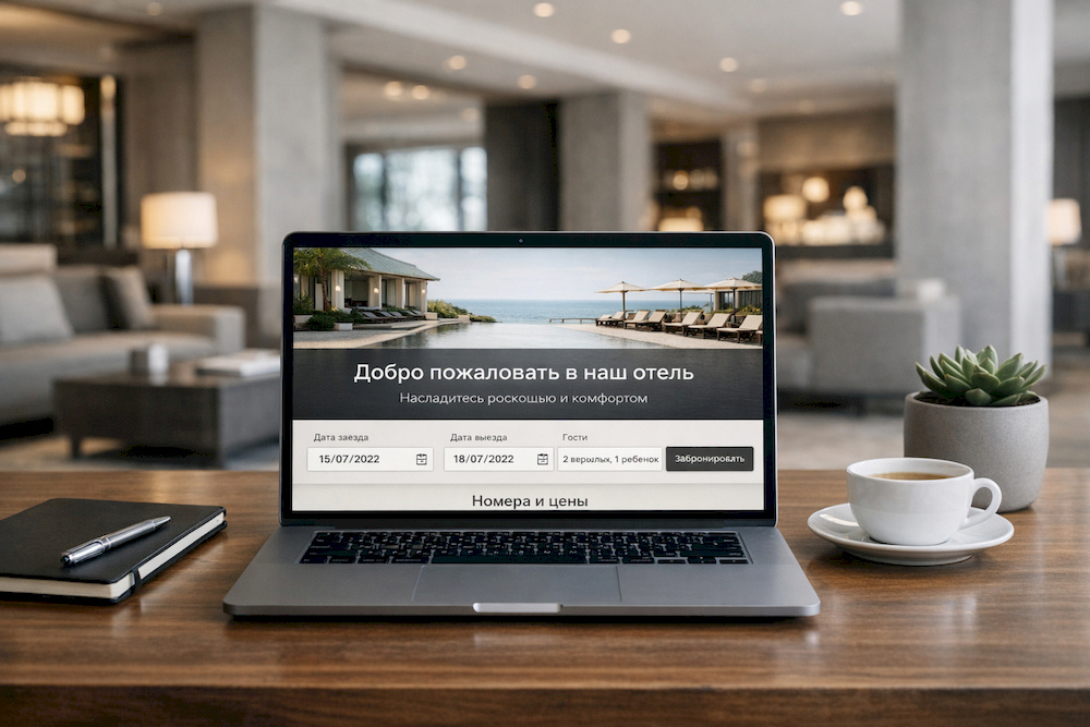 Ноутбук с открытым сайтом отеля с модулем бронирования