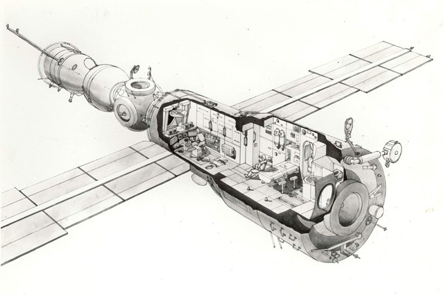 Орбитальная станция «Мир». Рисунок общего вида. Фото из личного архива Галины Балашовой, источник: https://aif.ru/society/people/kosmicheskiy_dizayn_galina_balashova_proektirovala_interer_soyuza_i_mira