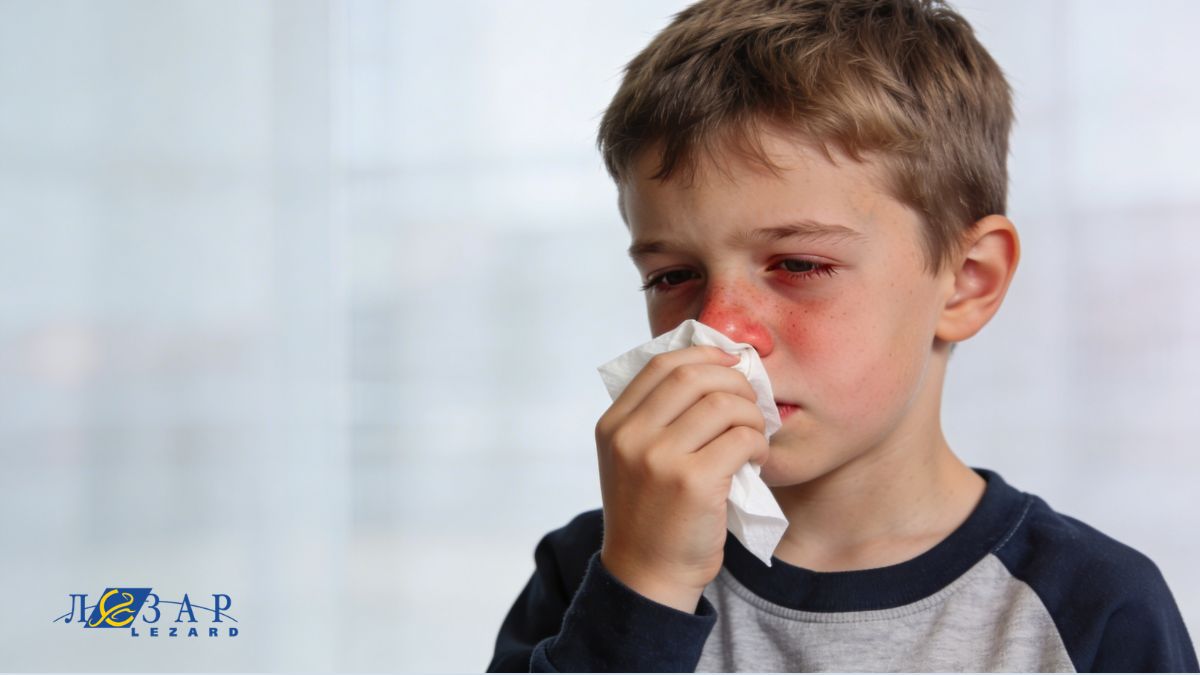 Симптомы аллергии у ребёнка: частый насморк, чиханье и заложенность носа.