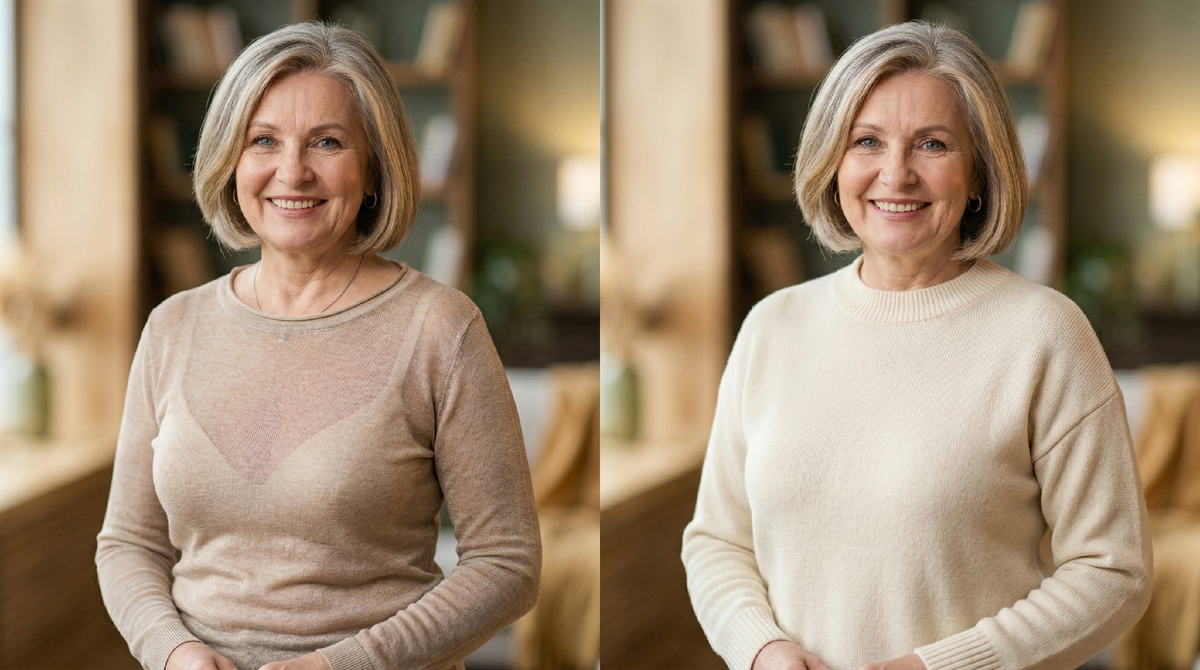 Описание фото: Слева джемпер из тонкого «рыхлого» трикотажа, через который просвечивает пояс брюк и рельеф белья. Справа — модель из плотной мериносовой шерсти, которая держит четкую линию плеча и скрывает нюансы в области талии.