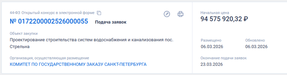    На проектирование системы водоснабжения и канализации в Стрельне выделят 94,5 млн рублей Автор фото: zakupki.gov.ru