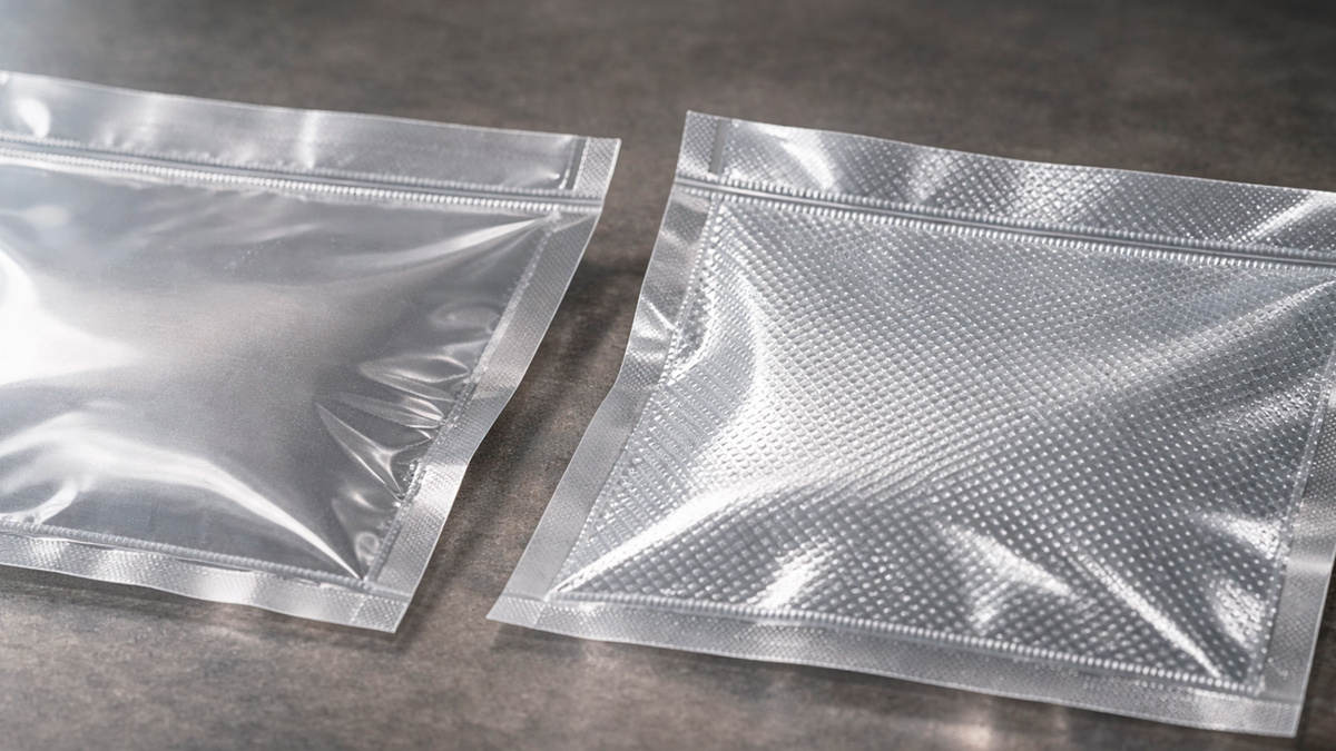 Сравнение гладкого и рифлёного вакуумного пакета крупным планом, видна разница фактуры поверхности