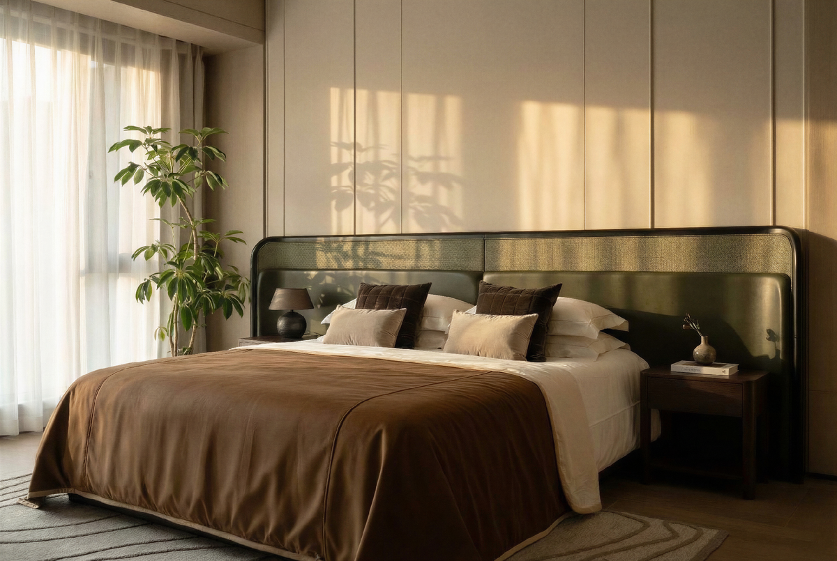 Кровать в тёмной отделке с мягким изголовьем и спокойной природной палитрой.