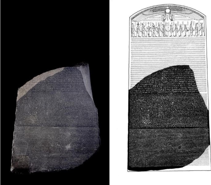 Камень Розетты. Реконструкция того, как он выглядел изначально. Иллюстрация Клэр Торн.