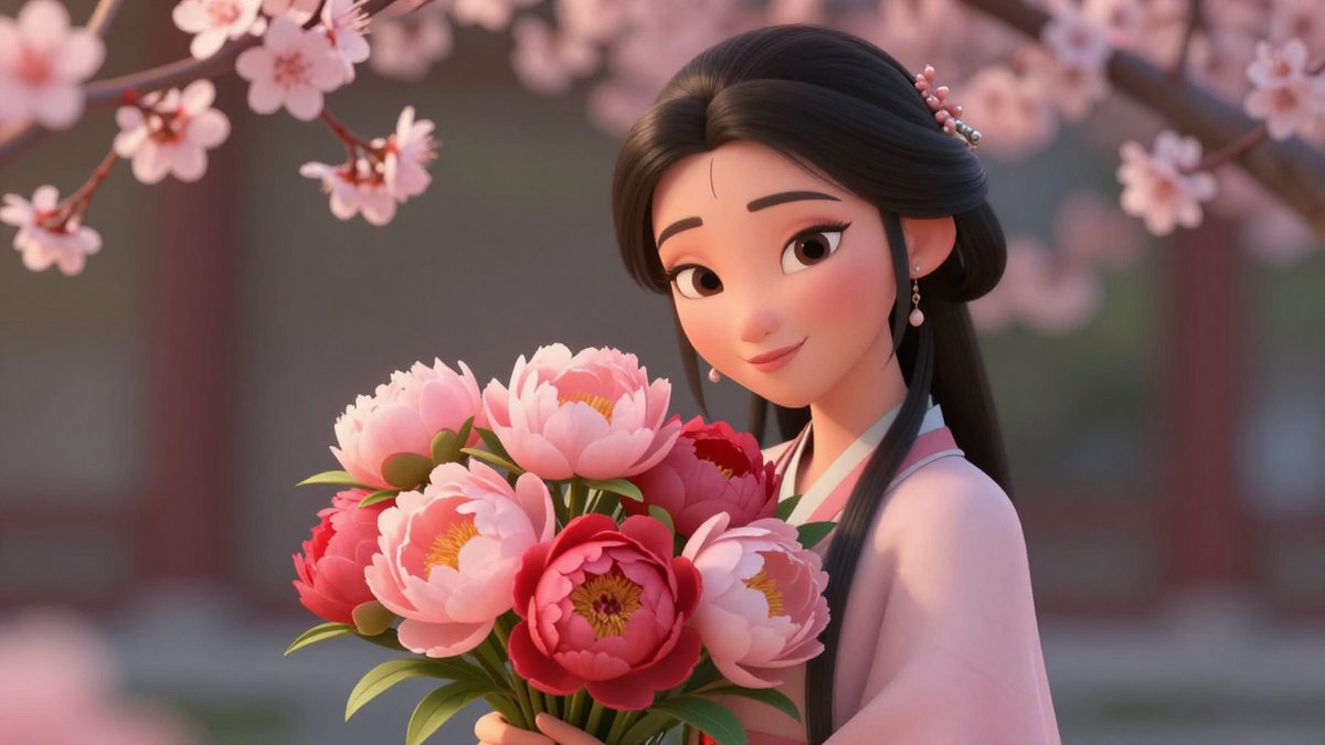 Нежный весенний образ девушки в традиционной китайской одежде с букетом цветов среди цветущих ветвей — символ весны, красоты и женственности.