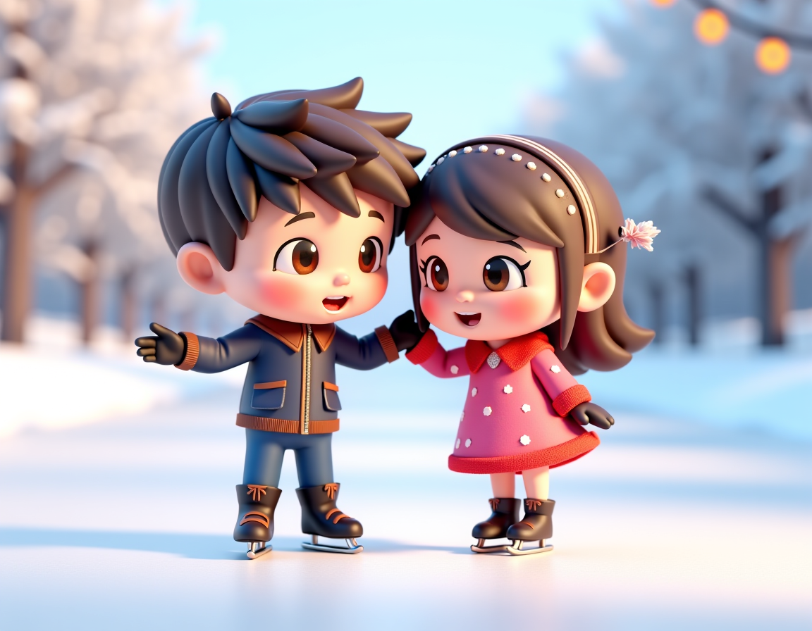 Двое детей катаются на коньках на зимнем катке. Мальчик в тёплой синей куртке и девочка в красном пальто улыбаются и держатся рядом, будто только учатся кататься вместе. Вокруг мягкий зимний пейзаж: снег, заснеженные деревья и тёплый свет гирлянд на заднем плане. Атмосфера уютная и радостная — настоящий зимний вечер, полный движения, смеха и первых шагов на льду. ❄⛸