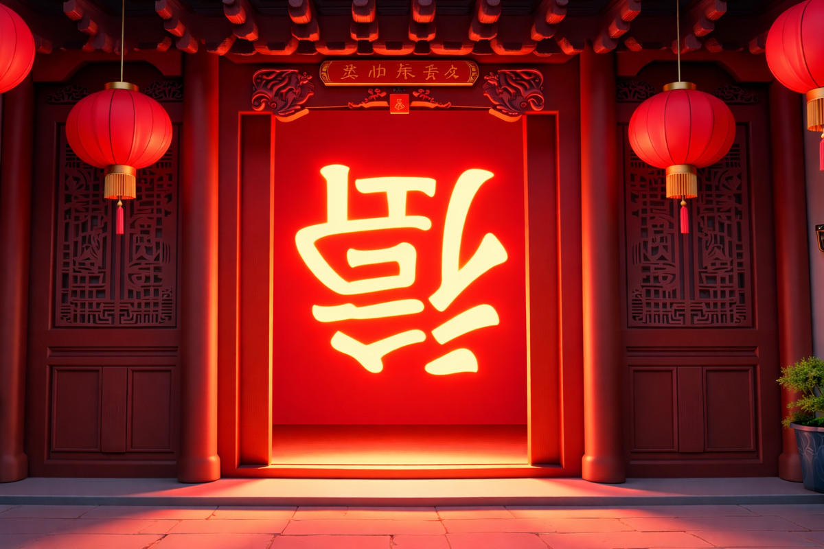 Красные китайские фонари освещают вход в традиционное здание, украшенное резными деревянными узорами. В центре ярко сияет большой иероглиф 喜 (xǐ) — «радость» или «счастье».  В китайской культуре такой иероглиф часто используют на свадьбах и праздничных церемониях как символ счастья, удачи и благополучия. Красный цвет и фонари усиливают ощущение праздника и добрых пожеланий. 🏮
