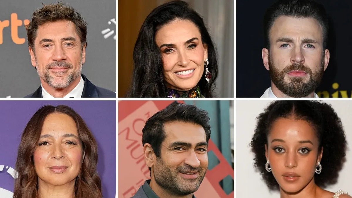 По часовой стрелке сверху слева: Хавьер Бардем, Деми Мур, Крис Эванс, Чейз Инфинити, Кумэйл Нанджиани и Майя Рудольф/Источник: Getty Images
