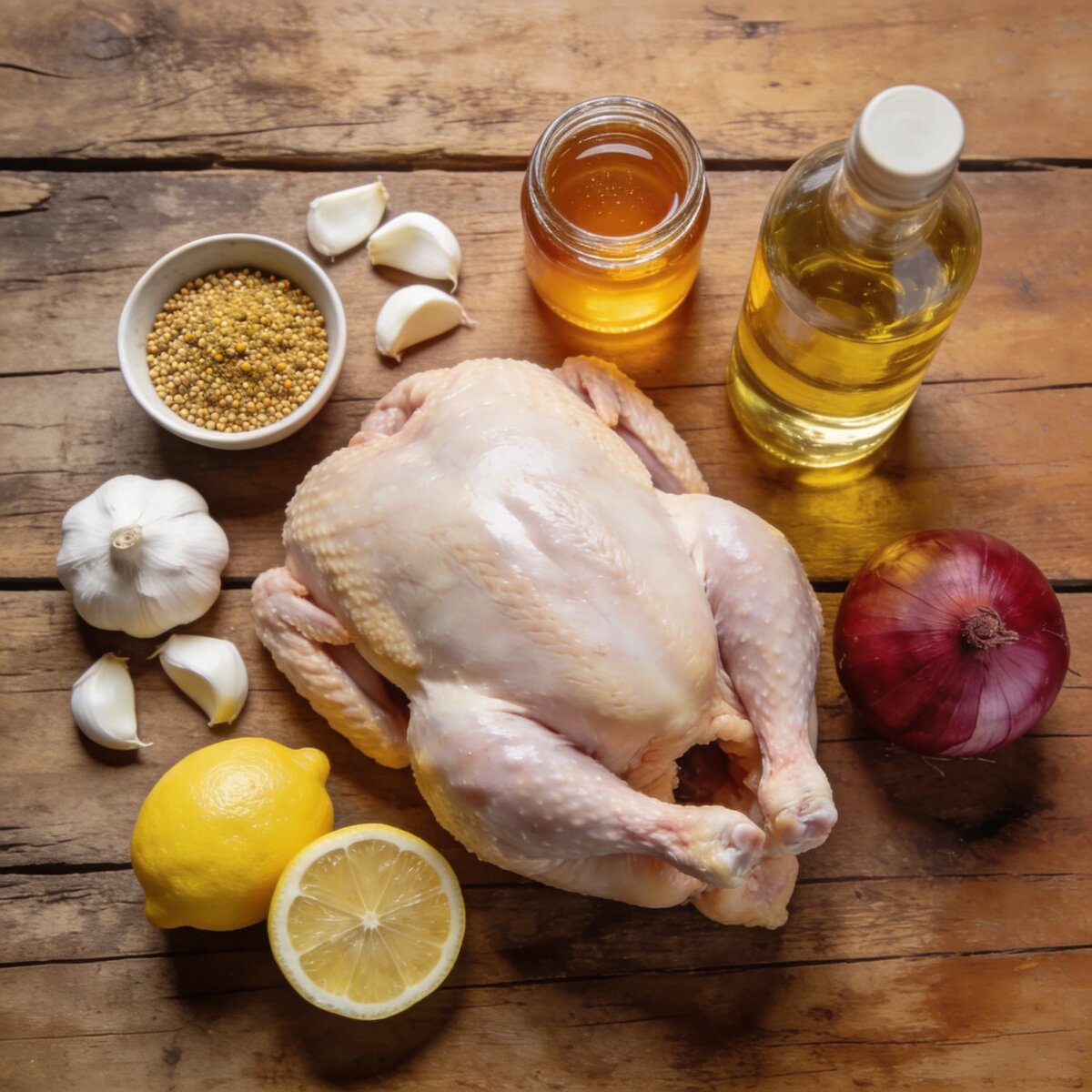 Ингридиенты:                                                                                                               Курица целая-1,5-2кг.                                                                                 Мёд-2 столовых ложки (жидкий,не засахарённый).                                                                  Горчица-2 столовых ложки (обычная или дижонская).                                                         Чеснок-4,5 зубчиков.                                                                                   Растительное масло-2 столовые ложки.                         Соль-1 чайная ложка.                                    Паприка-1чайная ложка.                                        Чёрный перец-по вкусу.                                            Лимон половинка  (для сочности внутри).                                      