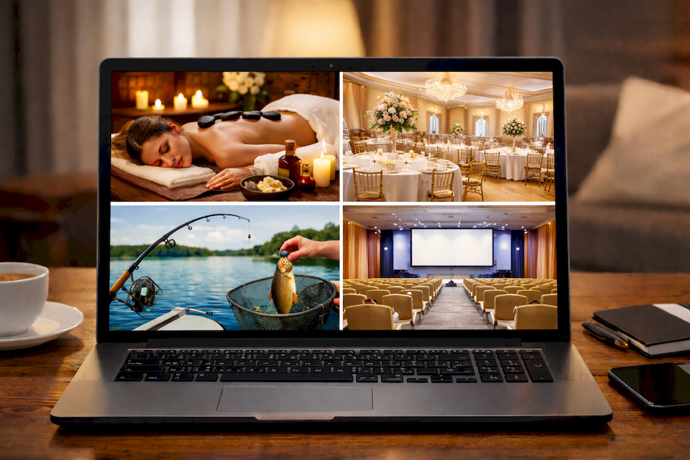 Ноутбук с сайтом отеля, на экране страницы услуг гостиницы