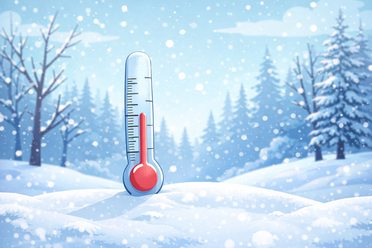 Термометр на зимнем пейзаже — символ холода, который в китайской культуре связан не только с погодой, но и с состоянием энергии в организме.