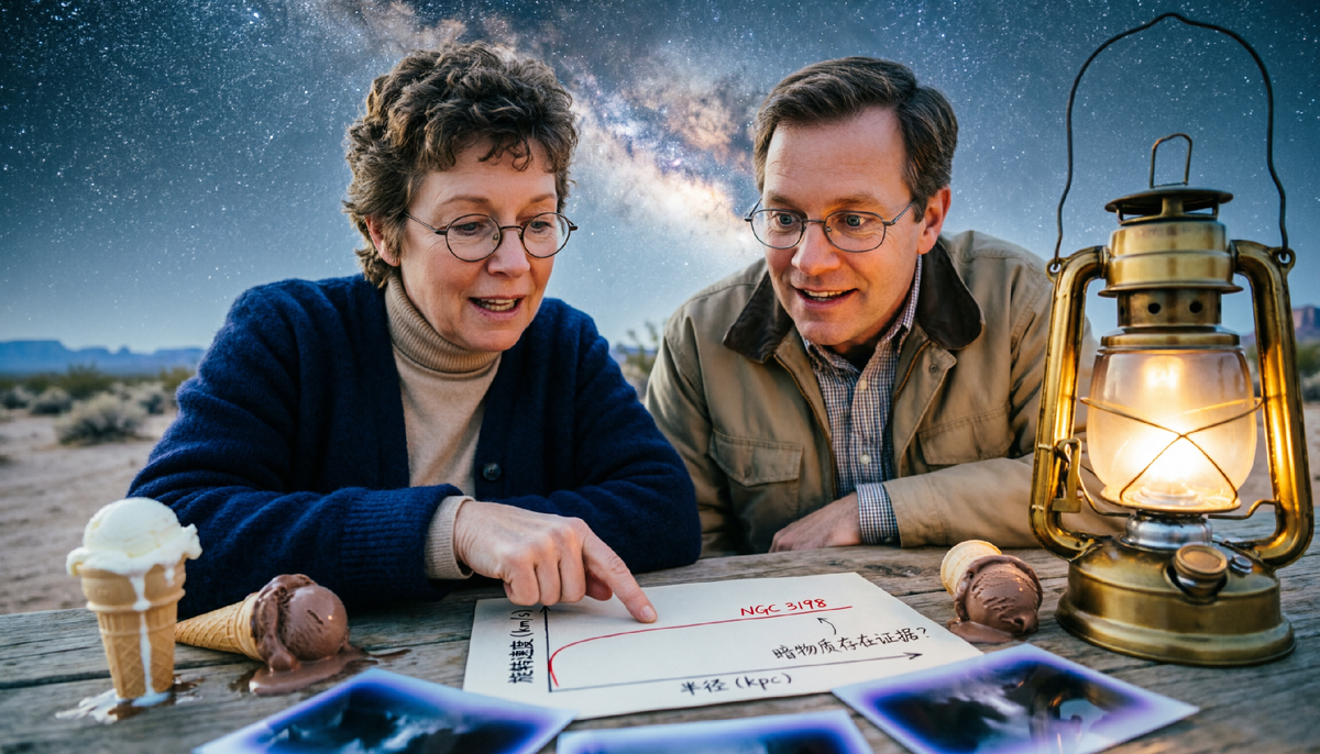 Поздняя ночь в пустыне. Чтобы скоротать время, Рубин покупала мороженое. Четыре рожка – четыре точки на графике. Кривая оказалась плоской: звёзды на краю галактики неслись так же быстро, как в центре. Тёмная материя впервые дала о себе знать.