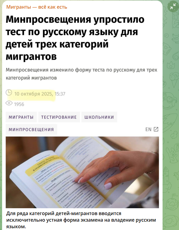 Скриншот: ТГ-канал "Мигранты - всё как есть"