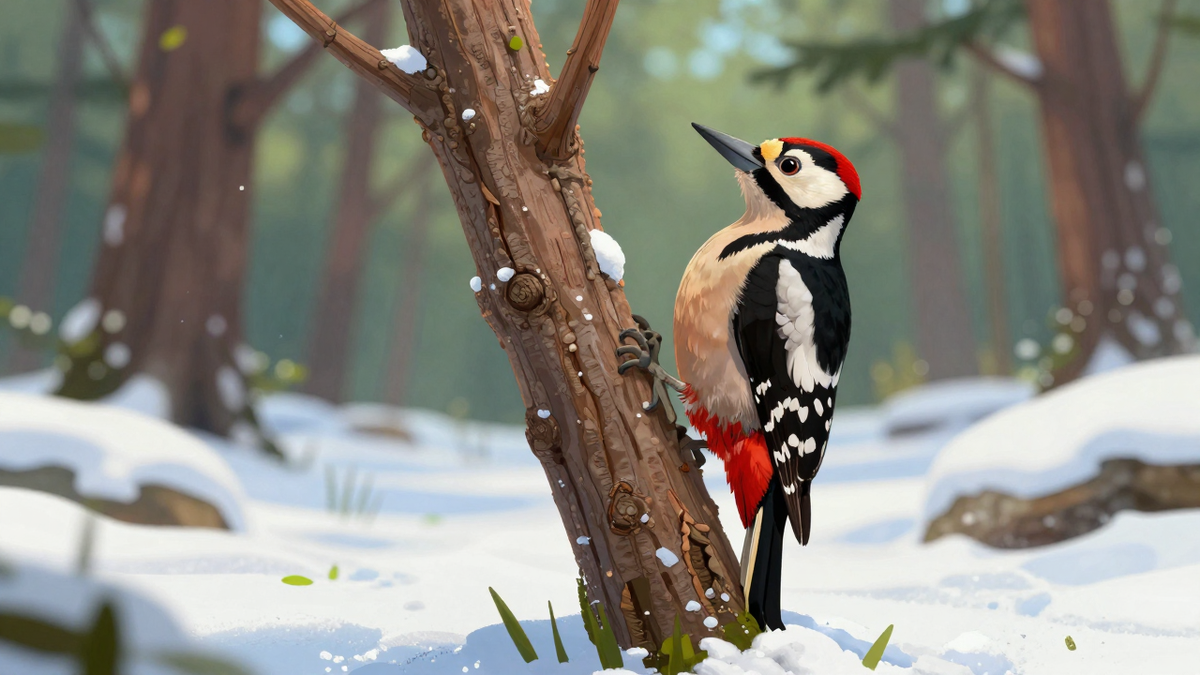 Дятел на дереве в заснеженном лесу — символ пробуждения природы и начала весны.