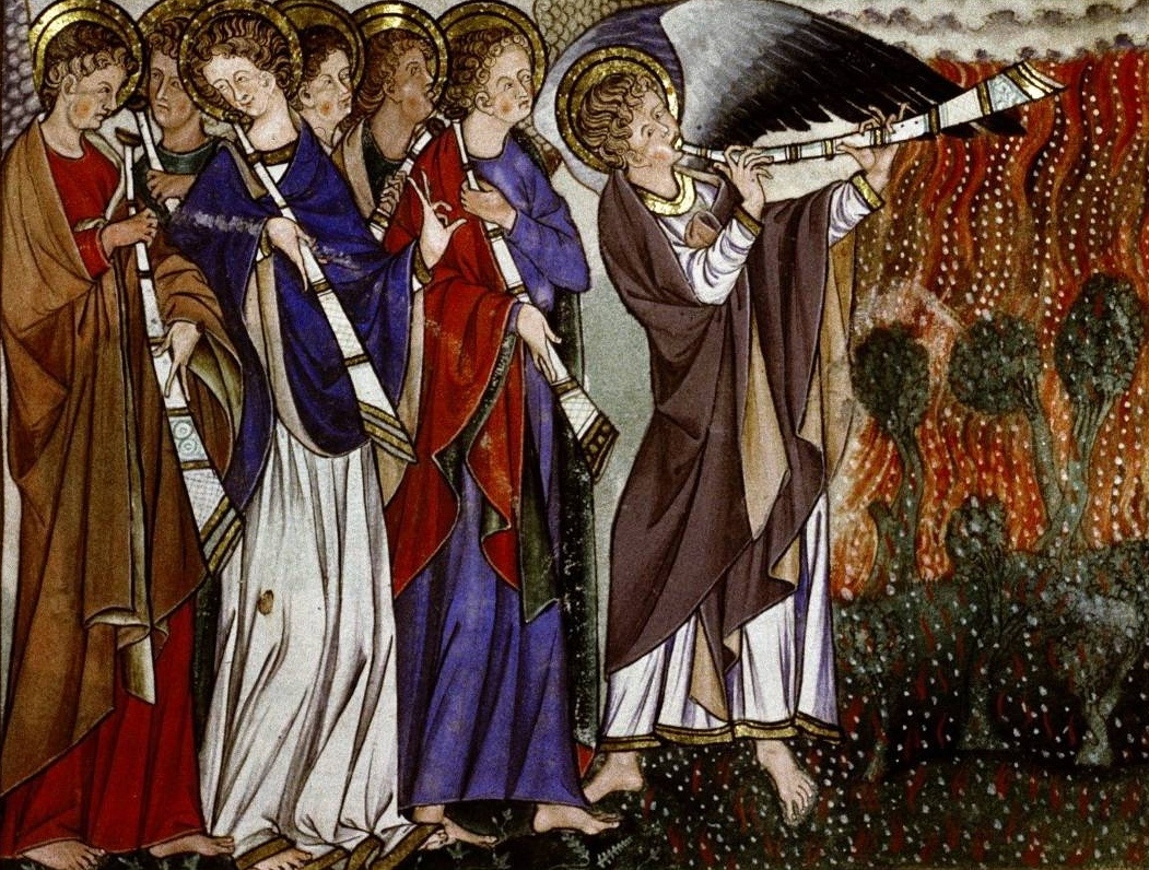     «Семь ангелов трубят Апокалипсис» из манускрипта Douce Apocalypse. XIII век