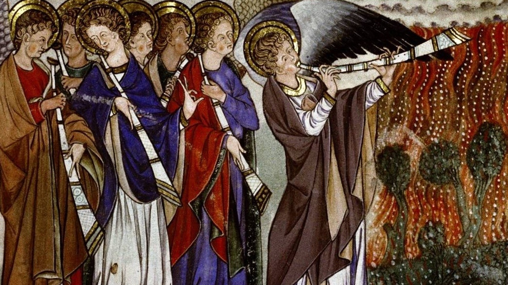     «Семь ангелов трубят Апокалипсис» — фрагмент миниатюры из манускрипта Douce Apocalypse. XIII век