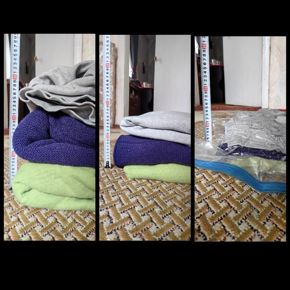 Первое фото - я просто положила вещи. Второе - аккуратно сложила не приминала, не тромбовала. Третье - вакуум. Блогеры оставляют первое и третье. Вот и "вау" эффект. 