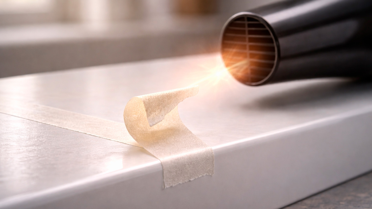 Тёплый воздух помогает размягчить клей и снять ленту аккуратнее.