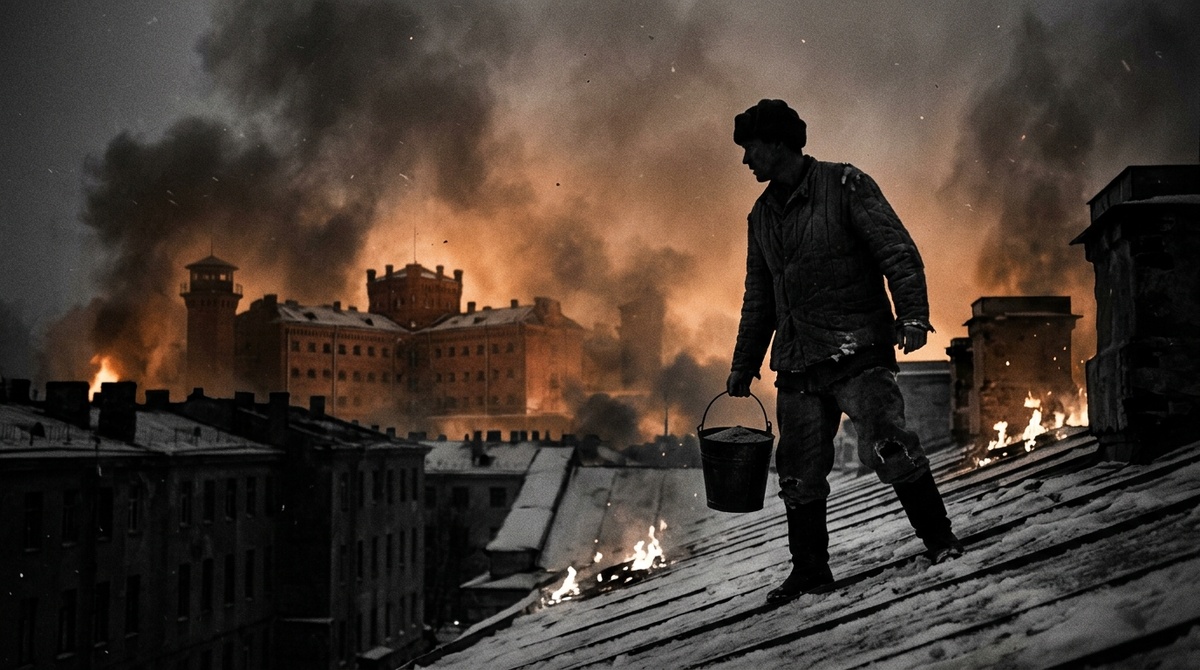 Зэки на крыше горящих Крестов, Ленинград 1941 год